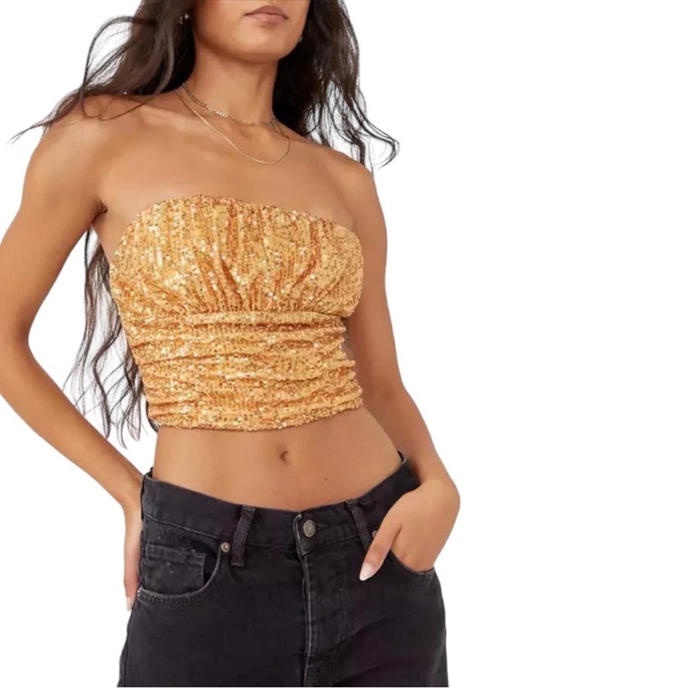 Free People Ta Da Top Gold Sequin Event Party‎ Club Tube Crop Top Women's Large